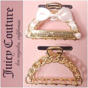 2 Juicy Couture Petal Powder Pink Bow Ribbon Coquette Gold‎ Hair Claw Clips NWT
